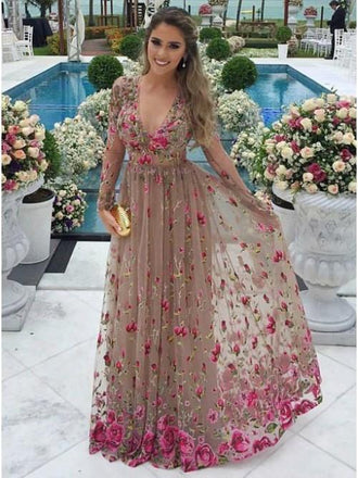 a-line v-neck tulle long sleeves prom dress with floral appliques dtp419