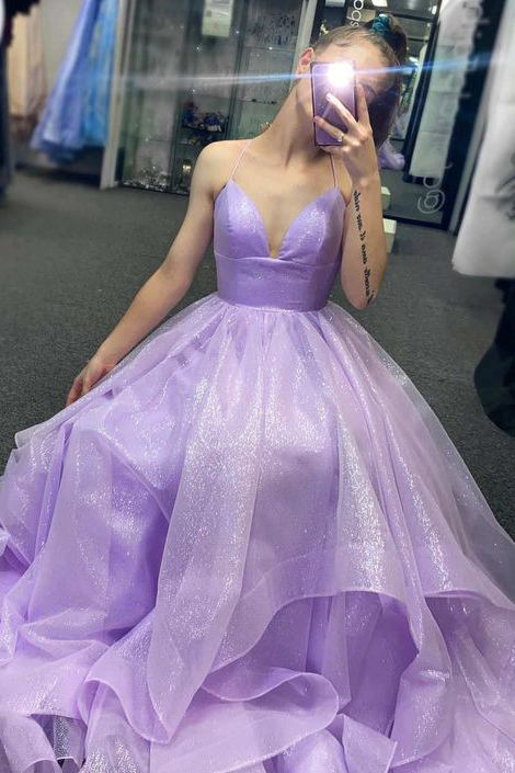 A-line Lavender Tulle Long Prom Dress, Spaghetti Straps V-neck Graduation Gown
