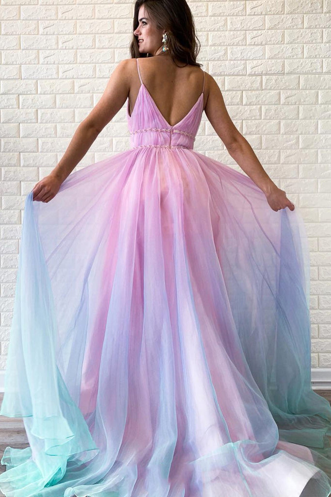 Ombre Long Prom Dress A-line V-neck Beaded Graduation Gown