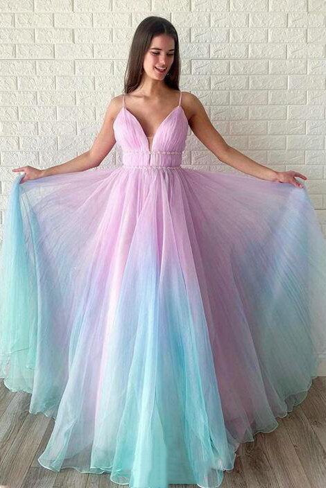 Ombre Long Prom Dress A-line V-neck Beaded Graduation Gown