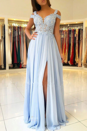 chiffon blue prom dress a-line/princess scalloped neck with split dtp542