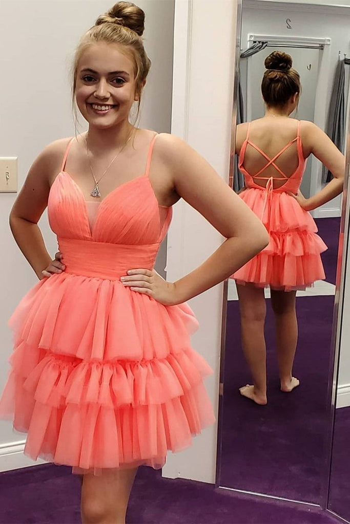 A-line V-neck Coral Short Prom Dress Layered Tulle Homecoming Dress