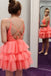 A-line V-neck Coral Short Prom Dress Layered Tulle Homecoming Dress