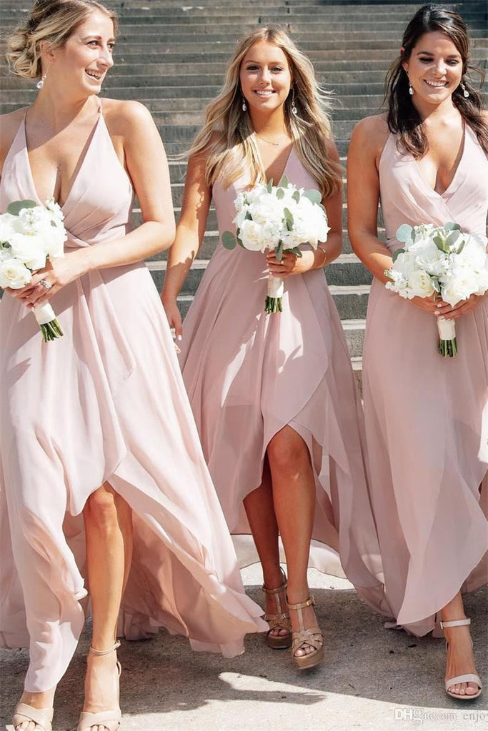 a-line v-neck hi-low blush pink chiffon long bridesmaid dresses dtb241