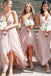 a-line v-neck hi-low blush pink chiffon long bridesmaid dresses dtb241