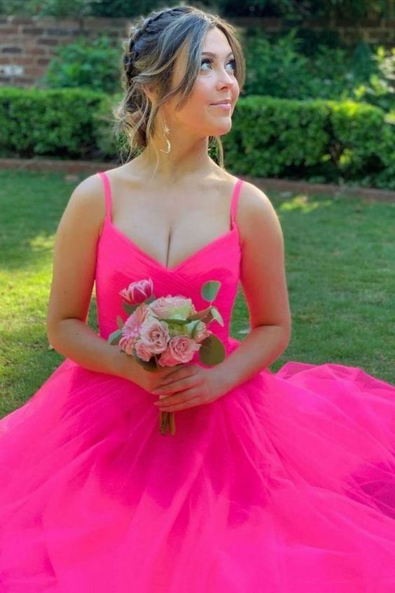 A-line V-neck Hot Pink Tulle Long Prom Dresses With Split, Simple Straps Evening Gown