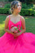 A-line V-neck Hot Pink Tulle Long Prom Dresses With Split, Simple Straps Evening Gown