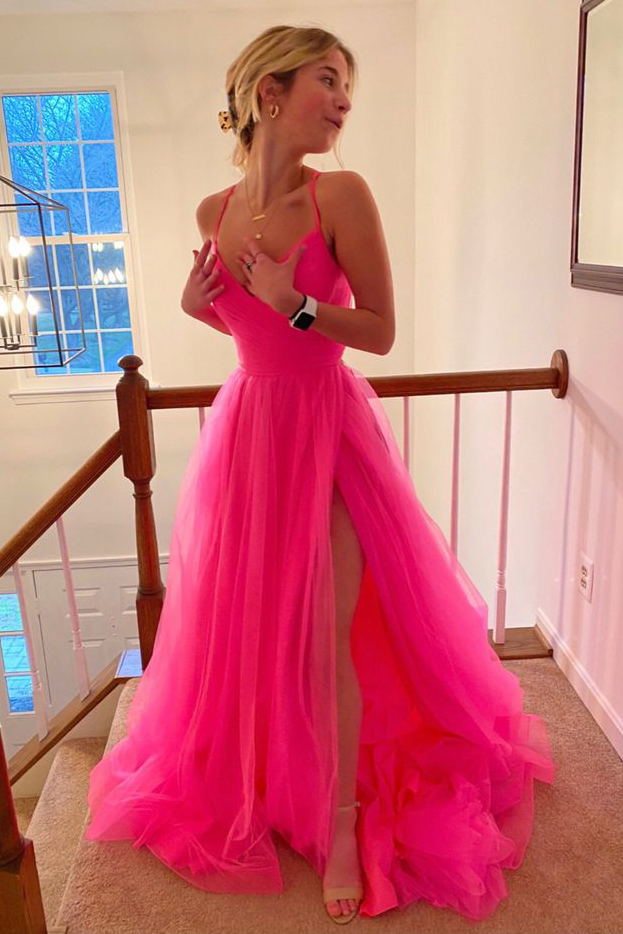 A-line V-neck Hot Pink Tulle Long Prom Dresses With Split, Simple Straps Evening Gown