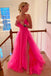 A-line V-neck Hot Pink Tulle Long Prom Dresses With Split, Simple Straps Evening Gown