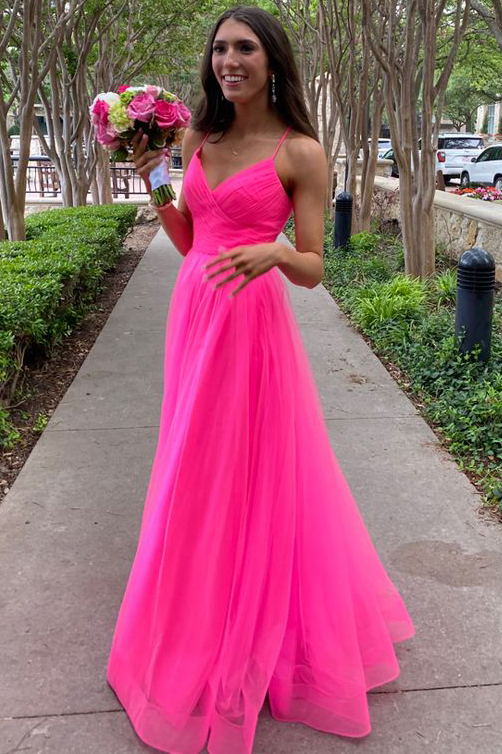 A-line V-neck Hot Pink Tulle Long Prom Dresses With Split, Simple Straps Evening Gown