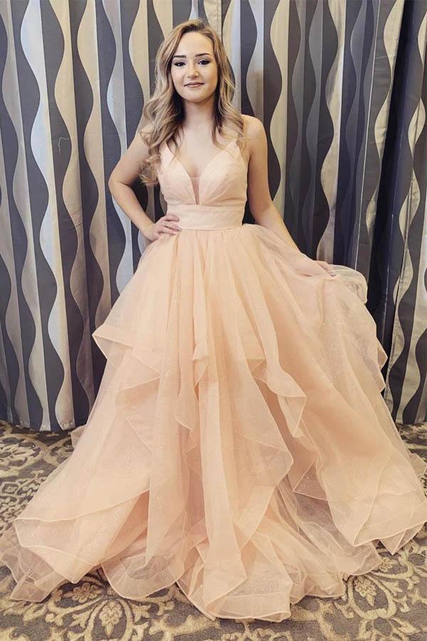 tulle sweet 16 dress with ruffles a-line v-neck long backless prom dresses dtp06