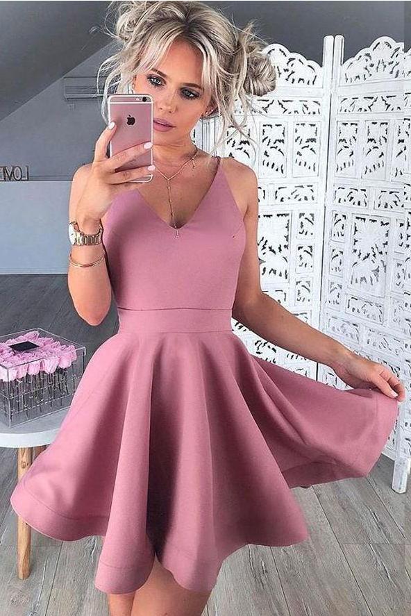 a-line v-neck pink satin party dress chic short pink homecoming dress dth25