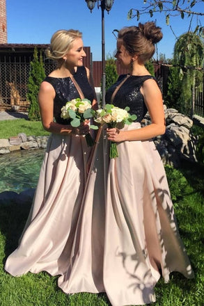 A-line Bateau Black Sequins Satin Long Bridesmaid Dresses