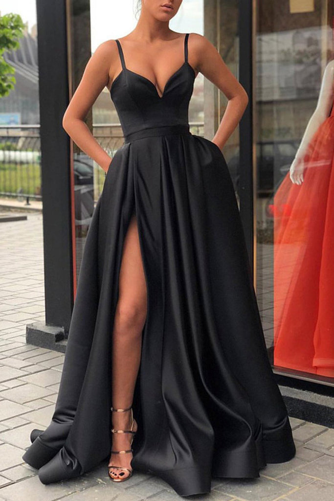 a-line long formal dress with pockets simple black prom dress dtp155