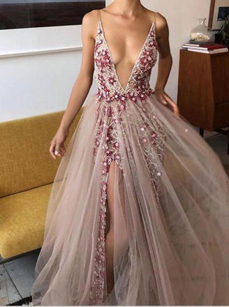 plunging neckline tulle beading appliques slit sleeveless prom dress dtp362