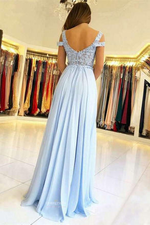 Chiffon Blue Prom Dress A-line/Princess Scalloped Neck With Split