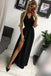 A-line/Princess V-neck Floor Length Black Prom Dress With Slit