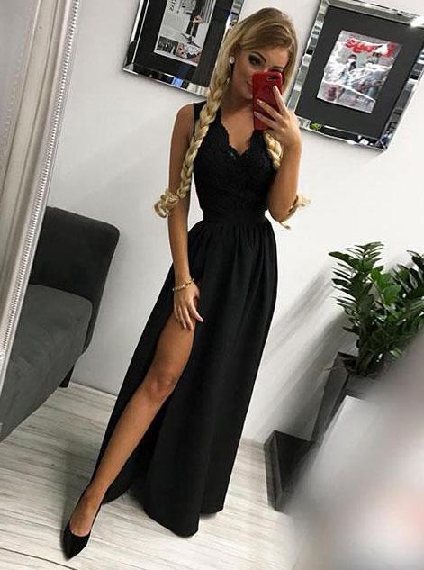 A-line/Princess V-neck Floor Length Black Prom Dress With Slit DTP678 –  DressTok.co.uk