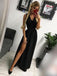 a-line/princess v-neck floor length black prom dress with slit dtp678