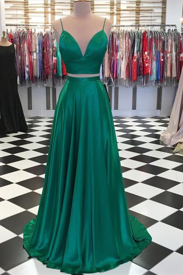 A-line Spaghetti Straps Green Prom Dress Two Piece With Bowknot Back Gown DTP614 DressTok.co.uk A-line Spaghetti Straps Green Prom Dress Two Piece With Bowknot Back Gown DTP614 DressTok.co.uk
