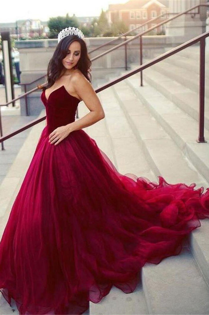 a-line sweetheart burgundy tulle long prom dress with ruched dtp216