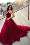 A-line Sweetheart Burgundy Tulle Long Prom Dress with Ruched