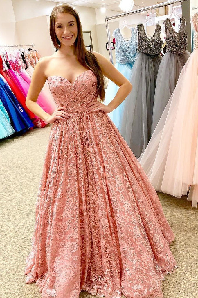 a-line strapless pageant gown sweetheart lace coral long prom dress dtp600