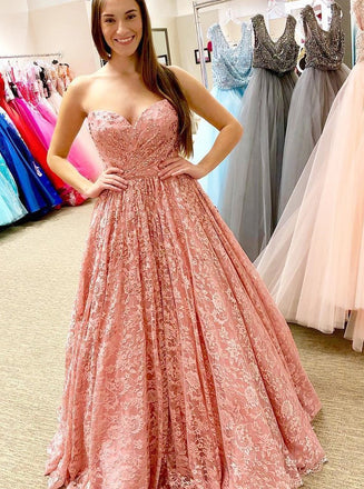 Sweetheart Lace Coral Long Prom Dress, A-line Strapless Pageant Gown