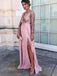 a-line v-neck long sleeves satin pink long prom dress with split dtp389