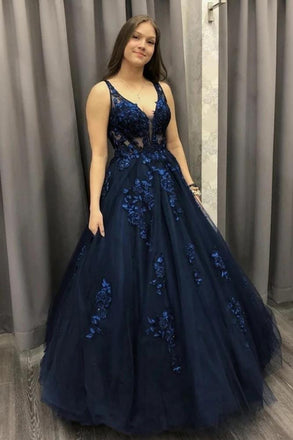 lace applique tulle formal dress ball gown v neck dark blue long prom dress dtp132