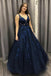 lace applique tulle formal dress ball gown v neck dark blue long prom dress dtp132