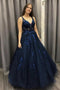 Ball Gown V Neck Dark Blue Long Prom Dress, Lace Applique Tulle Formal Dress