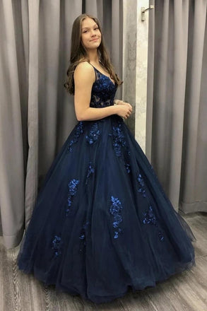 lace applique tulle formal dress ball gown v neck dark blue long prom dress dtp132