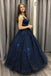 lace applique tulle formal dress ball gown v neck dark blue long prom dress dtp132