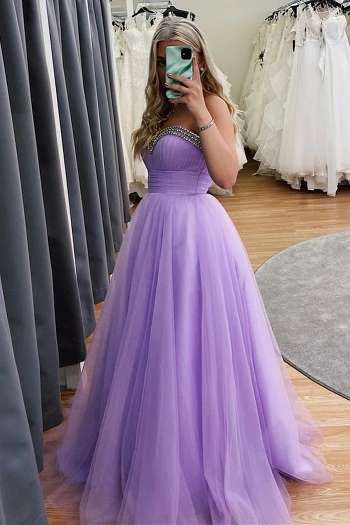Tulle Lavender Formal Dresses Beaded Sweetheart Long Prom Dress DTP135 –  DressTok.co.uk