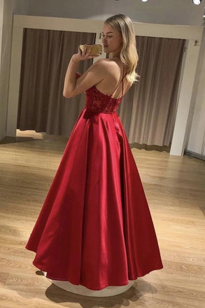 satin graduation evening dress straps lace top red long prom dress dtp136