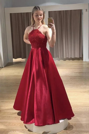satin graduation evening dress straps lace top red long prom dress dtp136