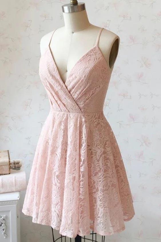 blush homecoming evening dress spaghetti straps v neck lace short prom dress dth142