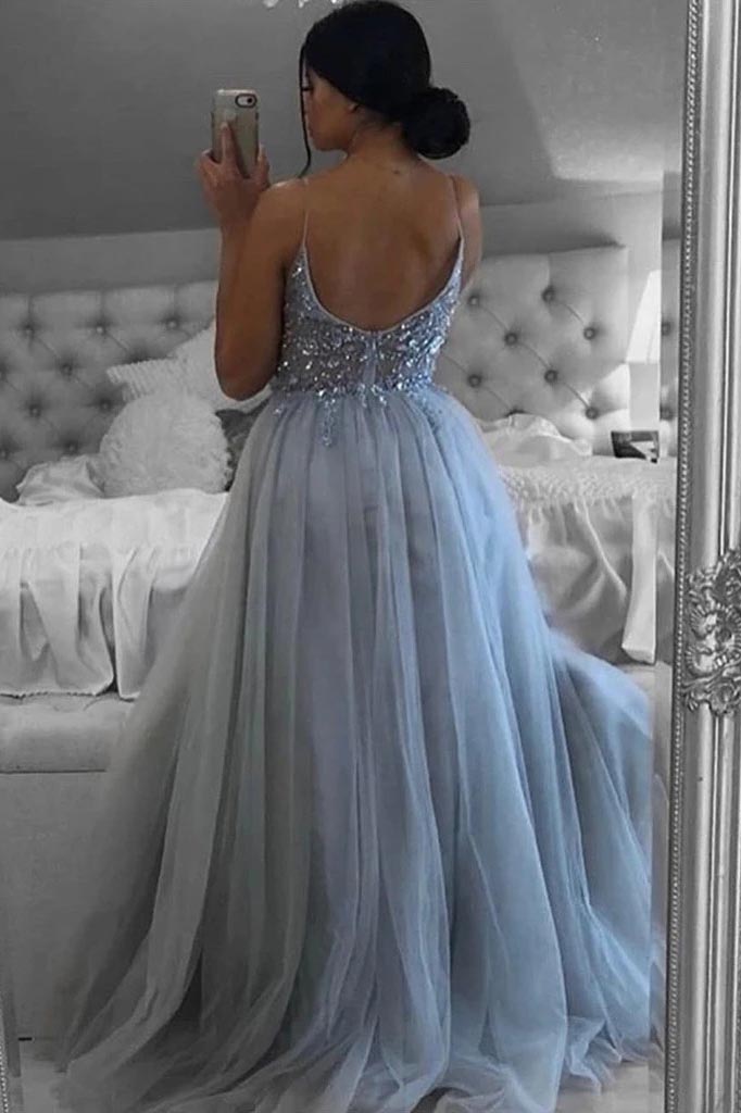 grey evening dress with slit a-line v neck beaded grey long prom dress dtp134