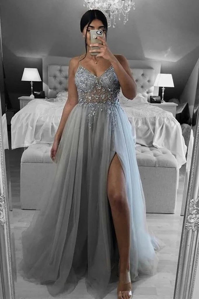Grey Evening Dress With Slit A-Line V Neck Beaded Grey Long Prom Dress DTP134 DressTok.co.uk Grey Evening Dress With Slit A-Line V Neck Beaded Grey Long Prom Dress DTP134 DressTok.co.uk