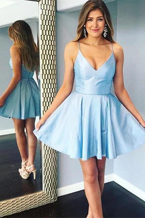 a-line satin short graduation dress simple short light blue homecoming dress dth145