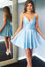 a-line satin short graduation dress simple short light blue homecoming dress dth145