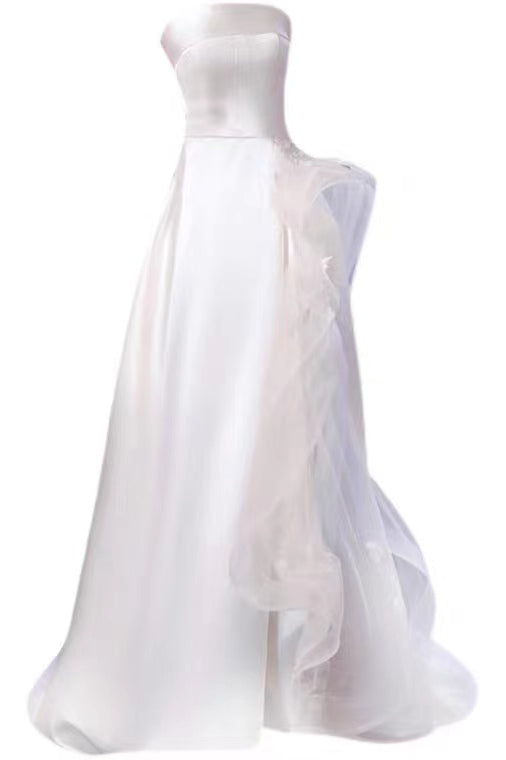 Strapless Ivory Satin Wedding Dresses With Sweep Train, A Line Bridal Gowns
