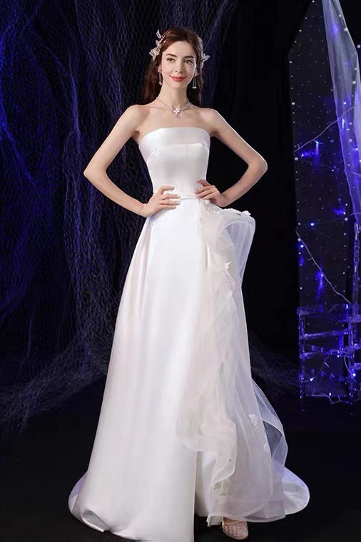 Strapless Ivory Satin Wedding Dresses With Sweep Train, A Line Bridal Gowns