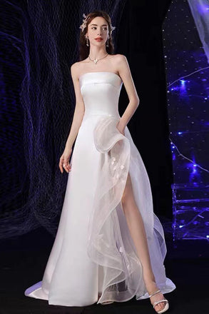 Strapless Ivory Satin Wedding Dresses With Sweep Train, A Line Bridal Gowns