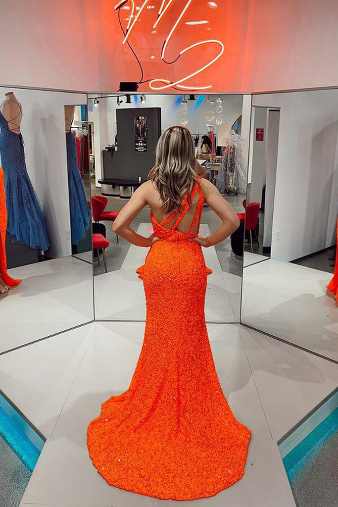 Sparkly Orange Mermaid One Shoulder Prom Dress Sequins Evening Dress with Slit