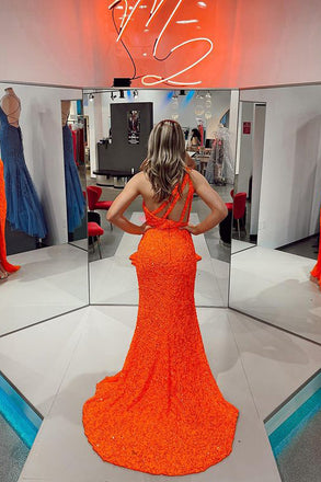 Sparkly Orange Mermaid One Shoulder Prom Dress Sequins Evening Dress with Slit
