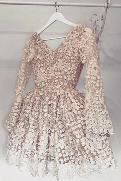 cute a-line appliques short prom dress long sleeves v neck homecoming dress dth71
