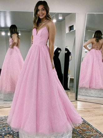 A Line Pink Long Prom Dresses,  Backless V-neck Evening Dresses