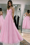A Line Pink Long Prom Dresses,  Backless V-neck Evening Dresses